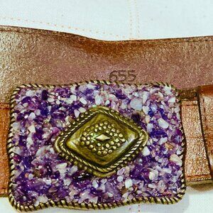 VINTAGE BELT Leather AMETHYST BRASS BUCKLE Brown BOHO AVIGNON 1960 jeans hip